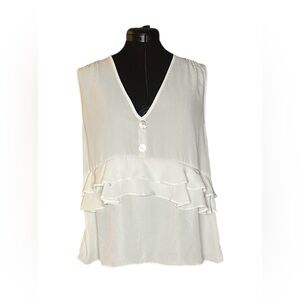 IVORY RUFFLE SLEEVELESS V NECK WOMENS TOP SIZE XL WITH GORGEOUS BUTTONS